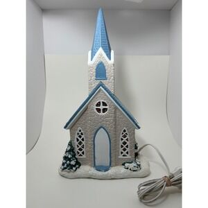 Vintage Ceramic Light Up winter Church Village Blue Steeple Stained Glass Look